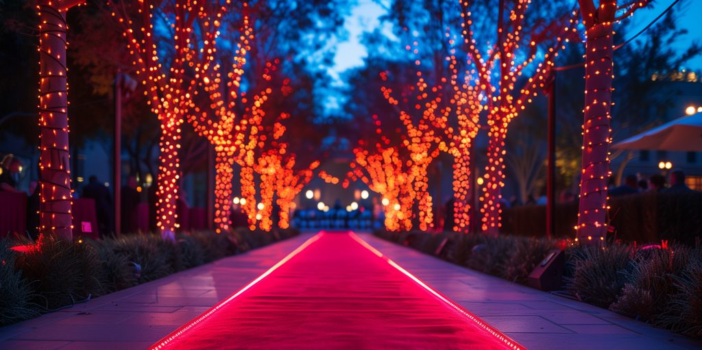 beautifully lit walkway with red lights leading to a corporate charity gala event