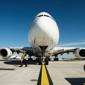 A380 on a sunny runway
